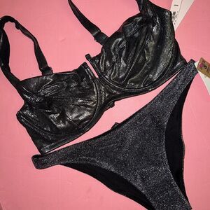 Victoria's Secret 36DDD BIKINI M,L shimmery bottom GUNMETAL SILVER FULL COVERAGE